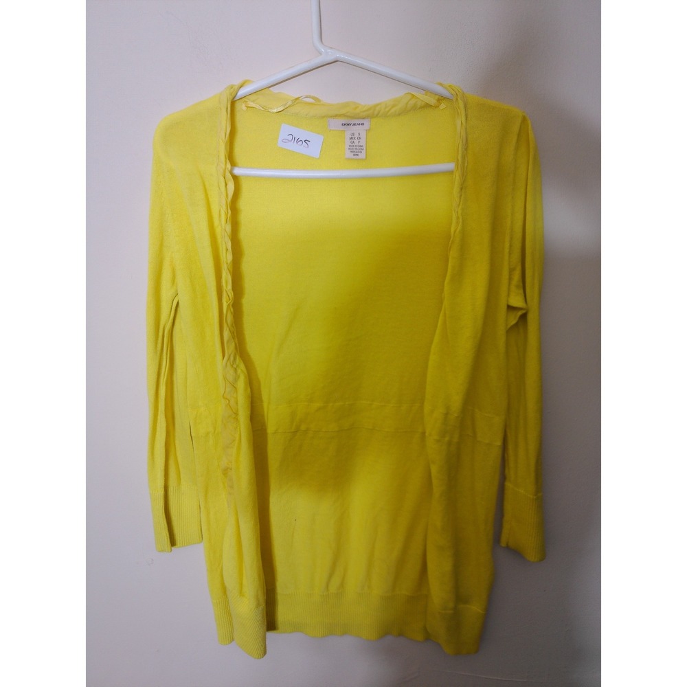 DKNY Jeans Cardigan Women Small Yellow Ruffle Trim Open Front Lightweight Knit